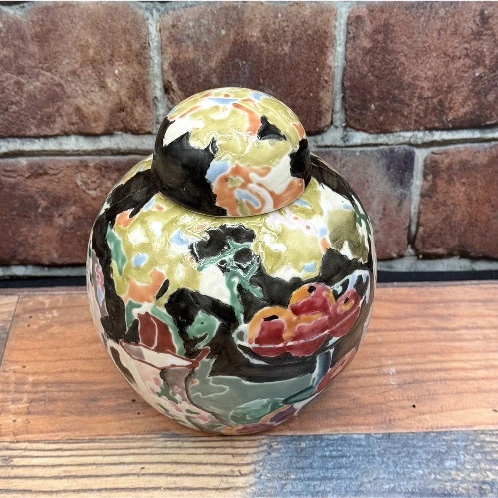 Vtg China Trader Porcelain Ginger Jar W/Lid Majolica Style Fruit Nightingale's‎